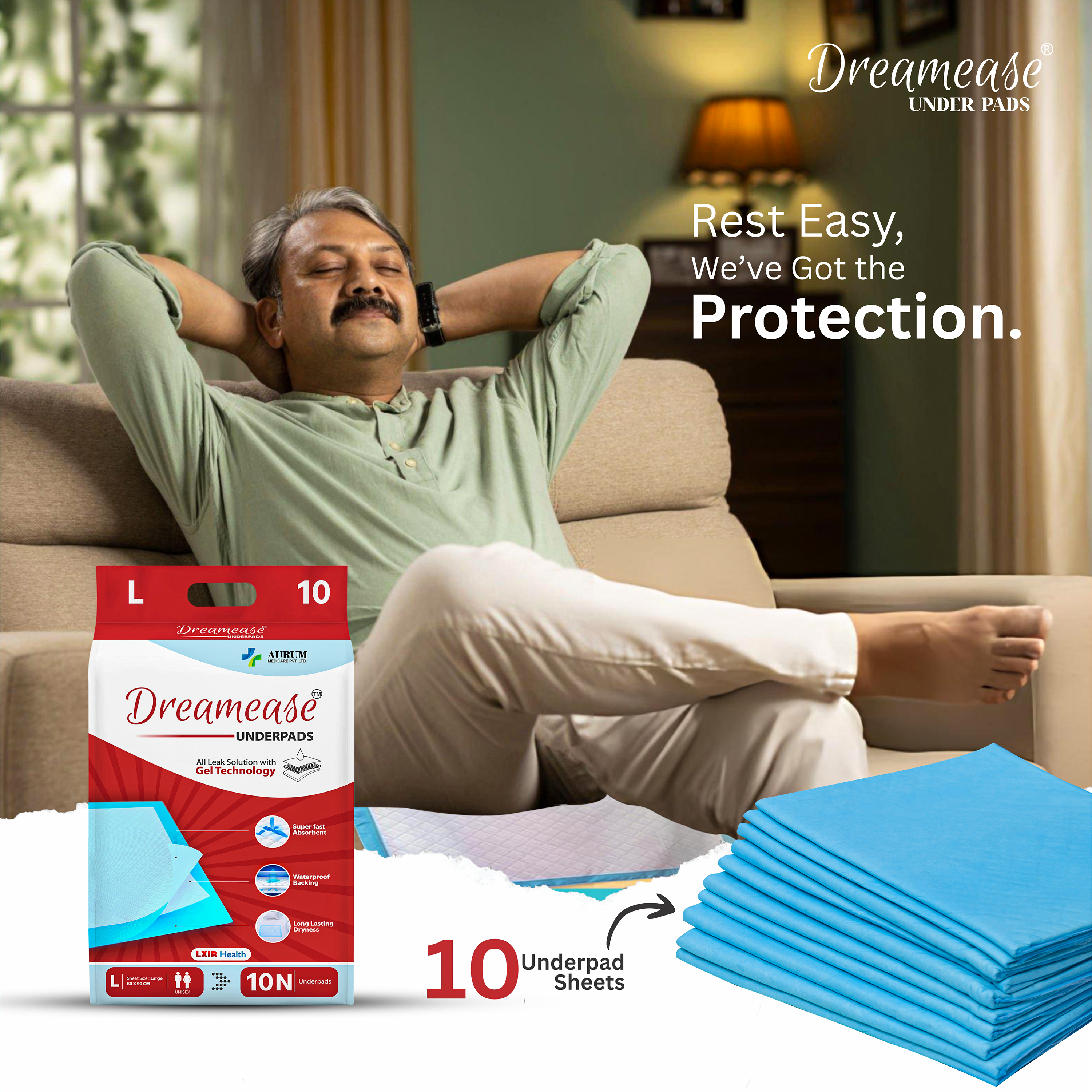 Underpad Sheet | Better Leak Solution with Gel Technology | Fast Absorption Disposable | Large Size | Pack of 10